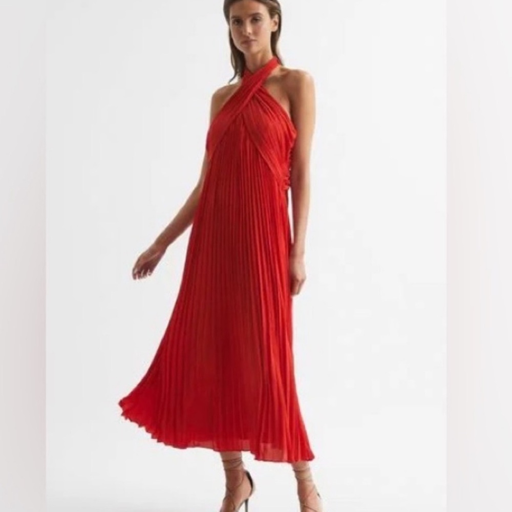 Reiss Roya Halter Neck Pleated Dress Red Size US 4